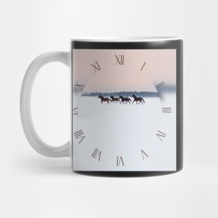 Four horses galloping on snowy paddock Mug